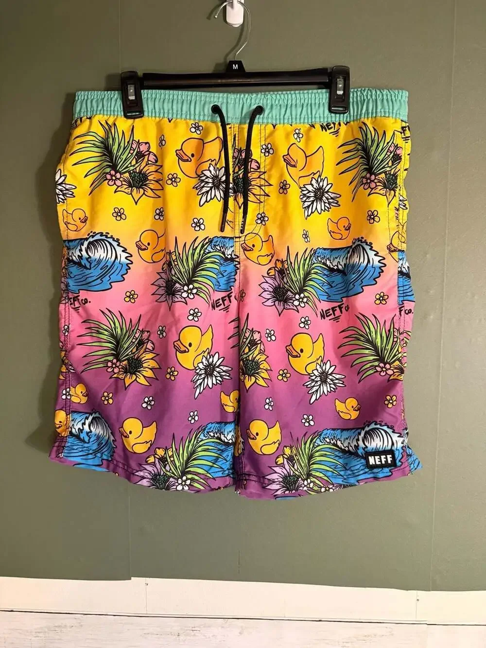Neff Mens Swim Trunks Yellow Purple Ombre Rubber Duck Tropical Print Large